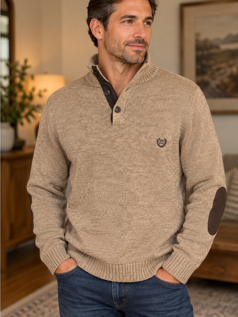 Chaps Men's V-Neck Pullover Sweater in Tan with Brown Elbow Patches
